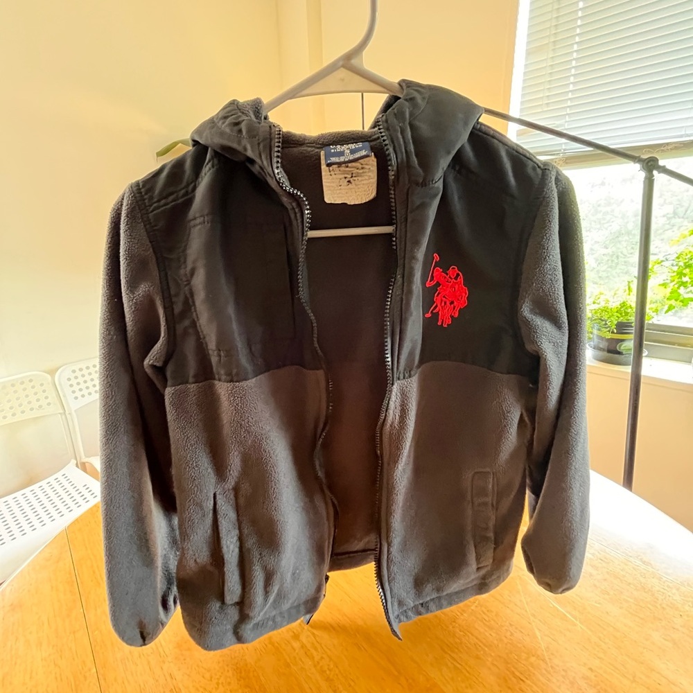 U.S. Polo Assn Boys Hooded Fleece Jacket Charcoal Black Full Zip Size S - Picture 9 of 9